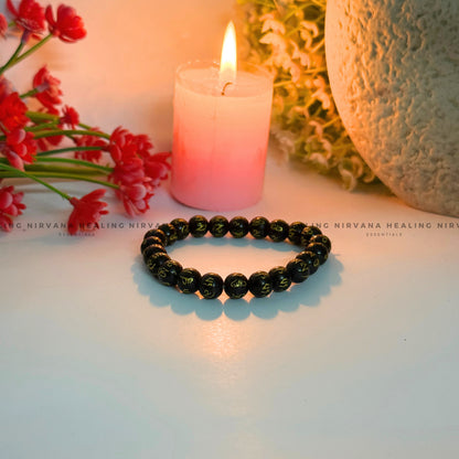 BLACK OM MANI PADME HUM ROUND BEADED BRACELET (Compassion, Protection, Spiritual Awakening) image 4