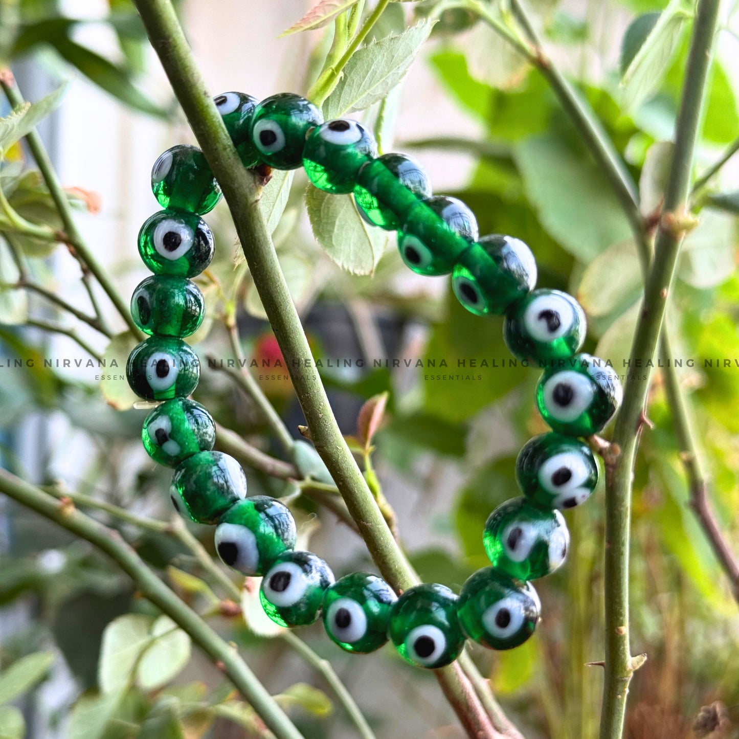 GREEN EVIL EYE ROUND BEADED BRACELET (Healing, Growth And Protection) image 4