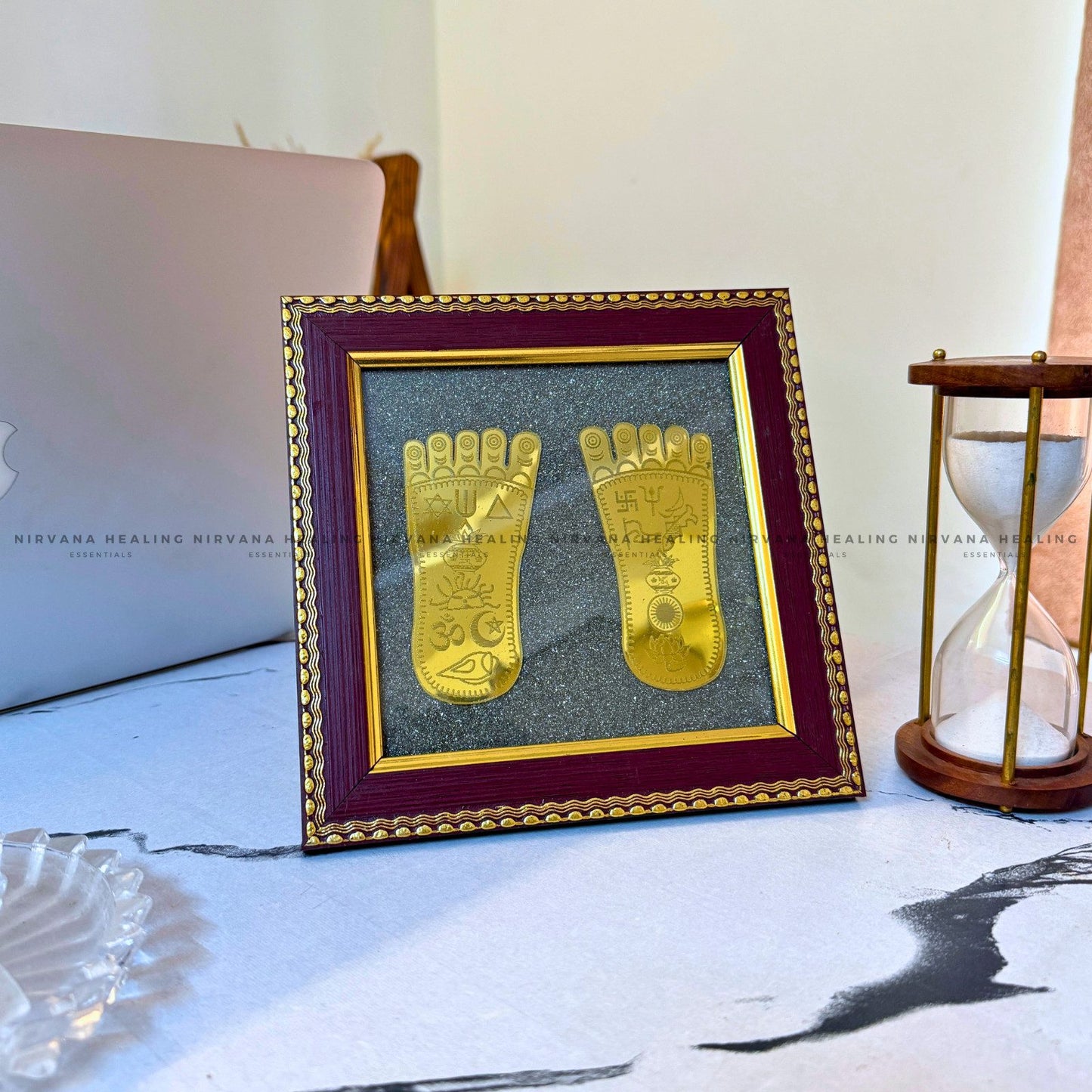 MAA LAKSHMI CHARAN PADUKA ON RAW PYRITE FRAME – Divine Footsteps of Wealth & Blessings image 0