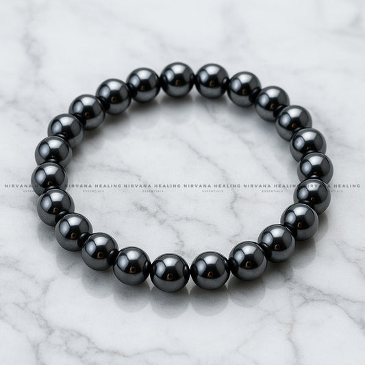 BLACK HEMATITE ROUND BEADED BRACELET (Grounding, Stability, Protection And Health) image 1