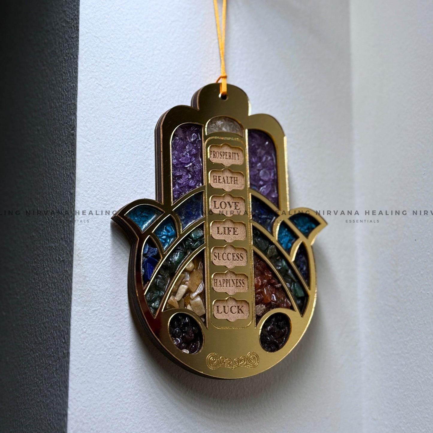 HAMSA HAND SEVEN CHAKRA HANGING WITH CRYSTAL CHIPS (Evil Eye Protection And Balance Energy) image 4