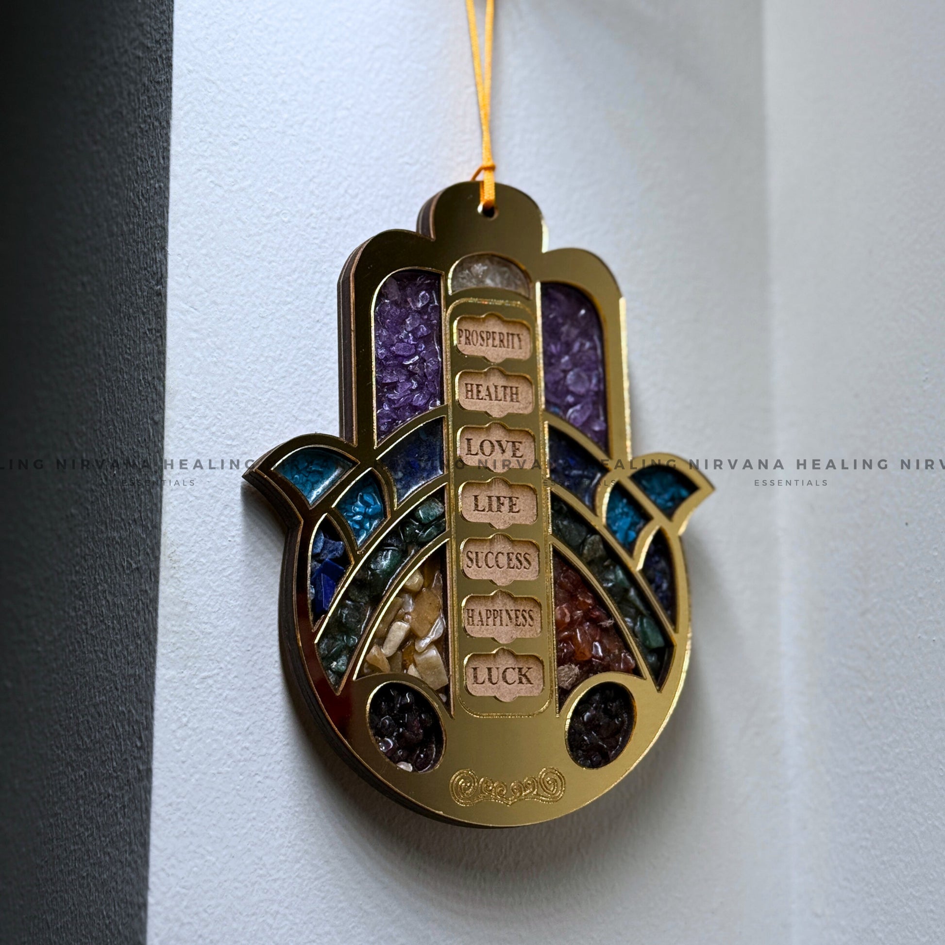 HAMSA HAND SEVEN CHAKRA HANGING WITH CRYSTAL CHIPS (Evil Eye Protection And Balance Energy) image 4