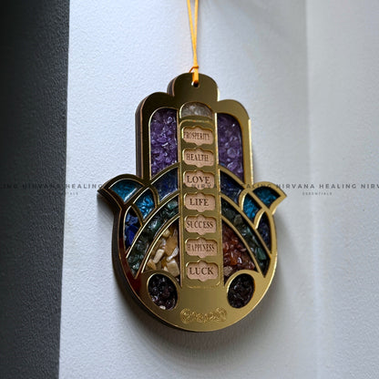 HAMSA HAND SEVEN CHAKRA HANGING WITH CRYSTAL CHIPS (Evil Eye Protection And Balance Energy) image 4