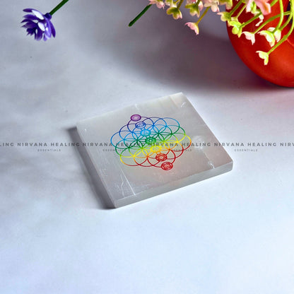 SELENITE FLOWERS AND CHAKRAS CHARGING PLATE (Aura Cleansing ,Charging, Cleansing And Purification). image 1