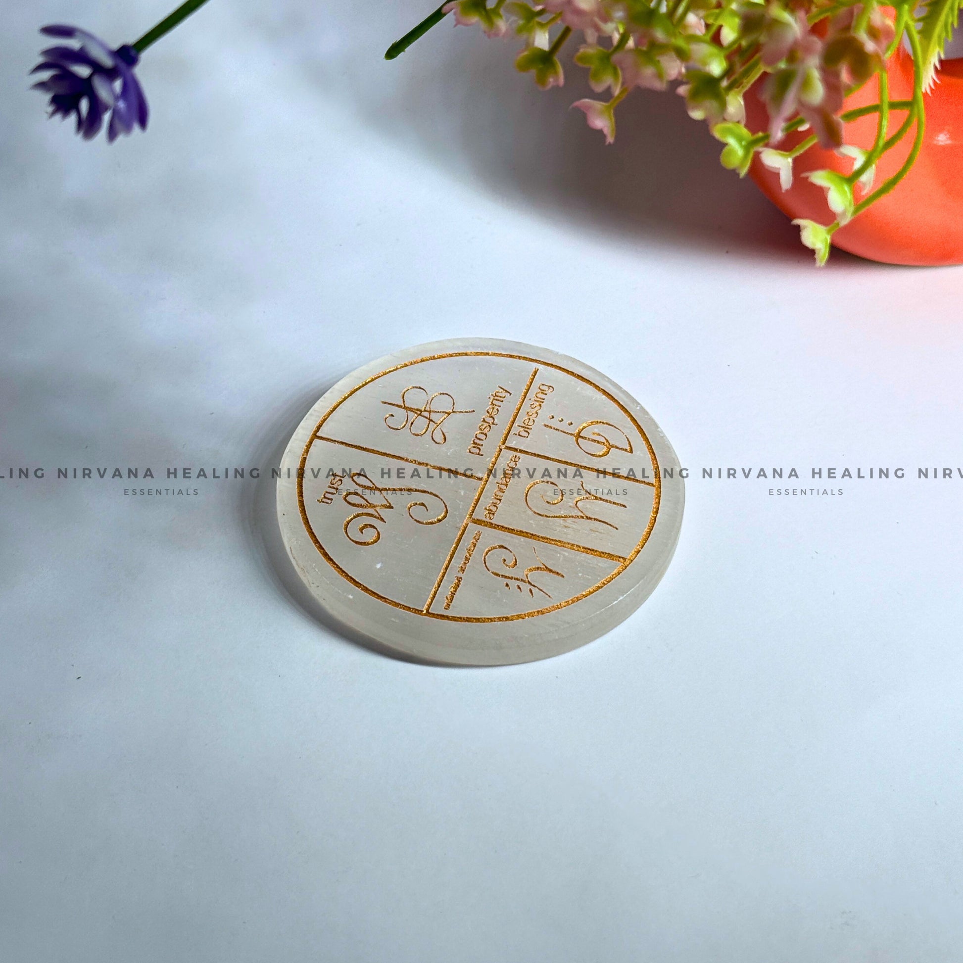 SELENITE  ZIBU SYMBOLS ROUND CHARGING PLATE (Aura Cleansing ,Charging, Cleansing And Purification). image 4