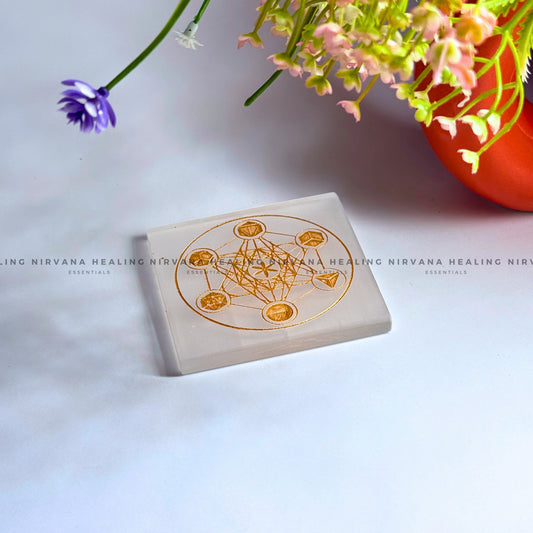 SELENITE GOLDEN METATRON CUBE CHARGING PLATE (Aura Cleansing, Charging, Cleansing And Purification). image 1