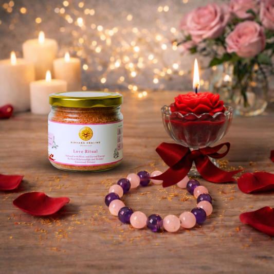 LOVE RITUAL BATH SALT, ROSE QUARTZ + AMETHYST BRACELET AND FLORAL JAR CANDLE GIFT COMBO image 1