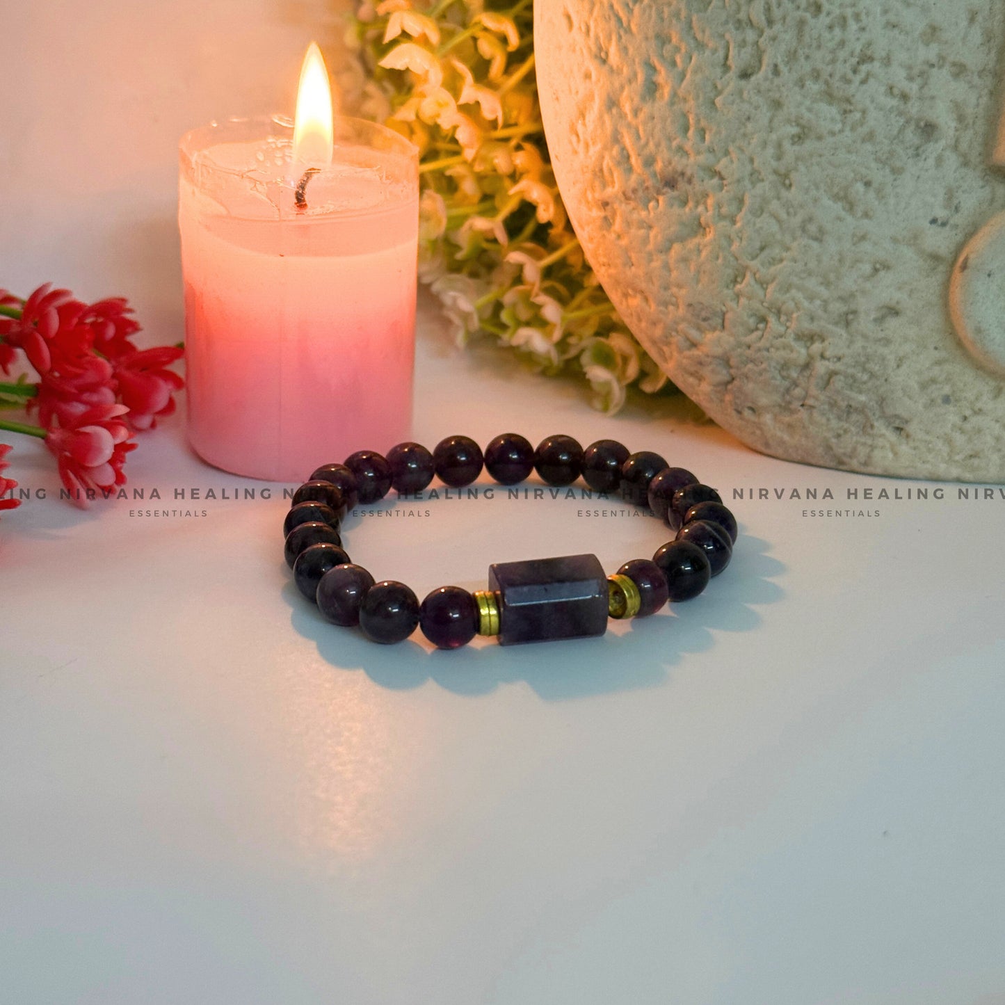 AMETHYST WITH DESIGN ROUND BEADED BRACELET (Meditation, Stress Reduction, Intuition and Manifestation) image 3