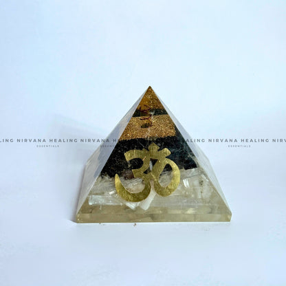 BLACK AGATE WITH CLEAR QUARTZ OM SYMBOL PYRAMID (Mental Clarity, Master Healer And Energy Amplifier).  image 0