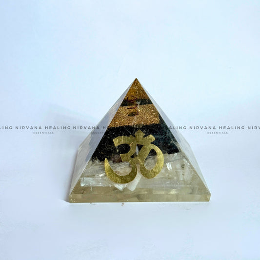 BLACK AGATE WITH CLEAR QUARTZ OM SYMBOL PYRAMID (Mental Clarity, Master Healer And Energy Amplifier).  image 0