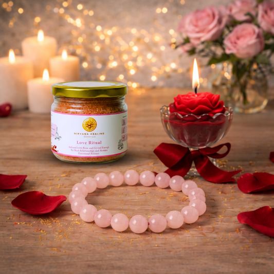 LOVE RITUAL BATH SALT, ROSE QUARTZ ROUND BEADED BRACELET AND FLORAL JAR CANDLE GIFT COMBO image 1