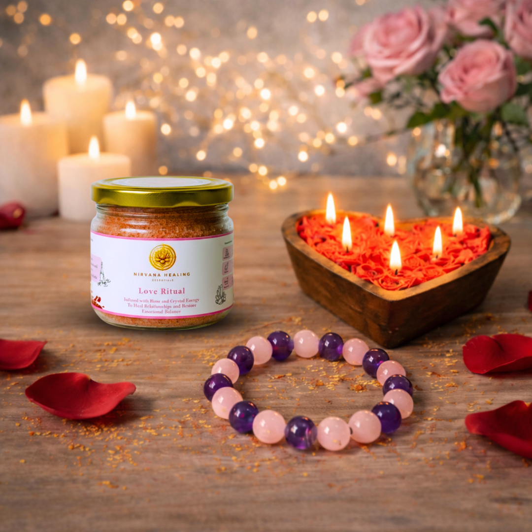 LOVE RITUAL BATH SALT, ROSE QUARTZ + AMETHYST BRACELET AND HEARTFELT GLOW CANDLE GIFT COMBO image 1