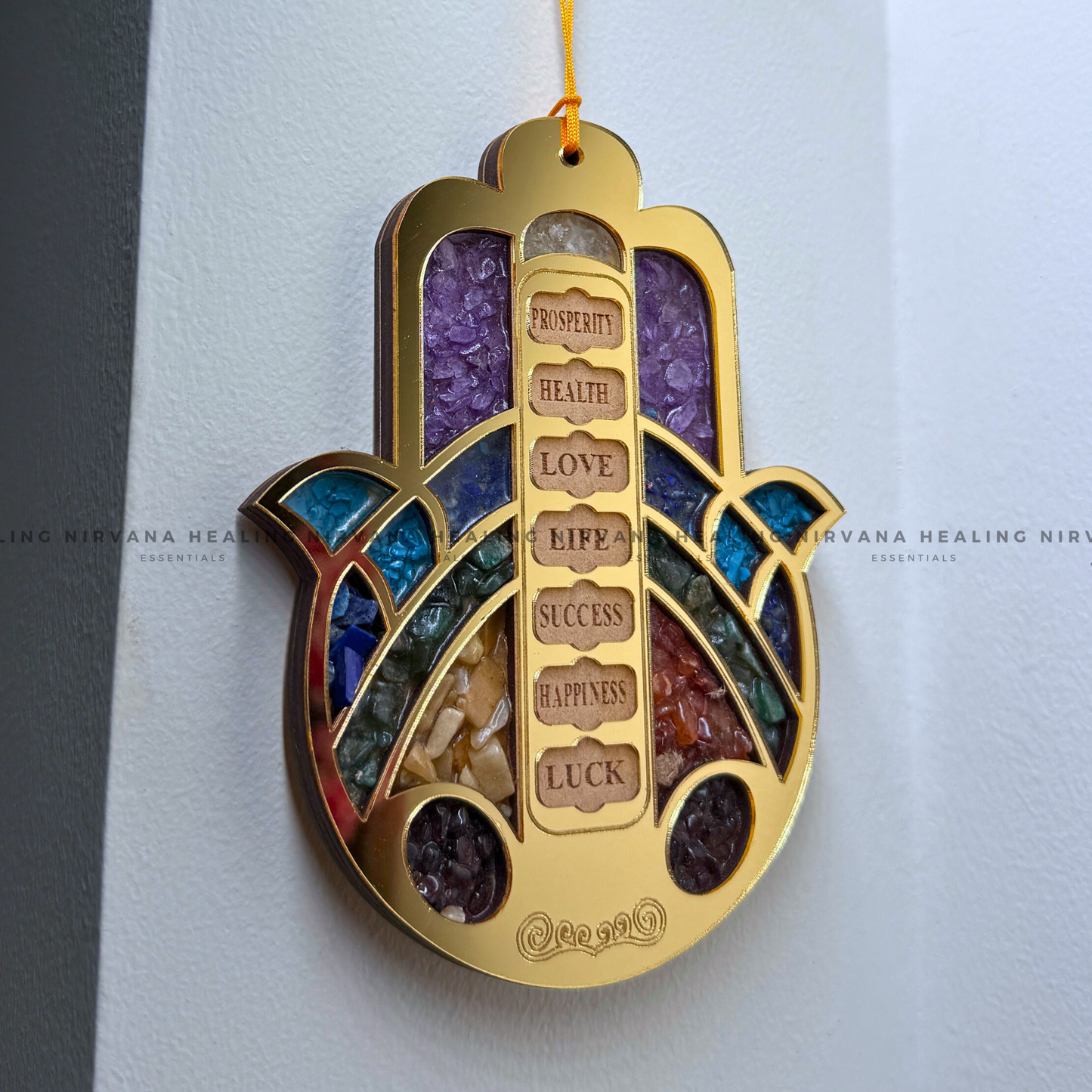 HAMSA HAND SEVEN CHAKRA HANGING WITH CRYSTAL CHIPS (Evil Eye Protection And Balance Energy) image 2