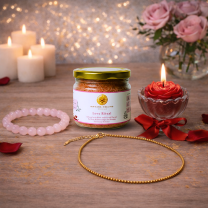 LOVE RITUAL BATH SALT, ROSE QUARTZ ROUND BEADED BRACELET, PYRITE ANKLET AND FLORAL JAR CANDLE GIFT COMBO image 1