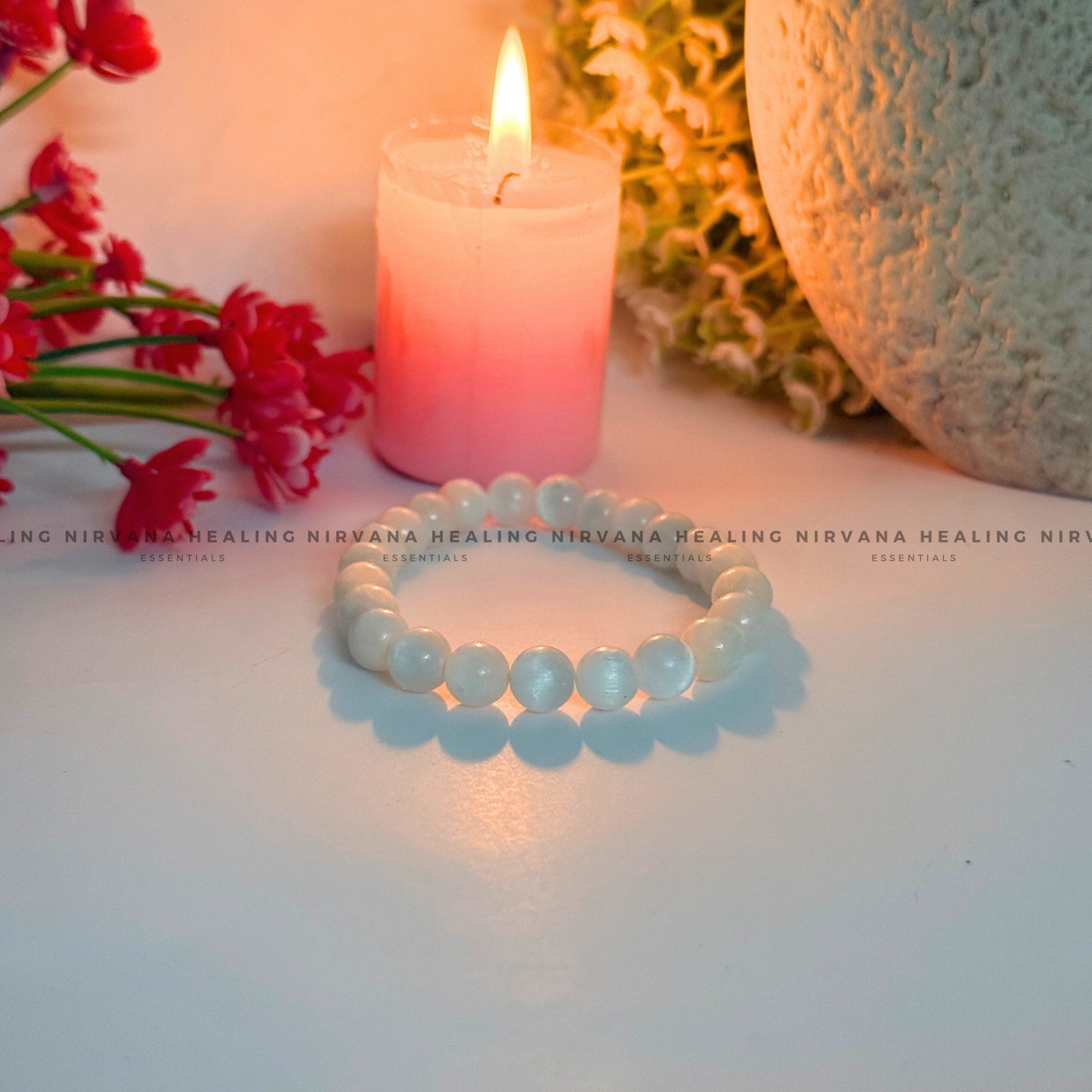 SELENITE ROUND BEADED BRACELET (Aura Cleansing ,Charging, Cleansing And Purification) image 1
