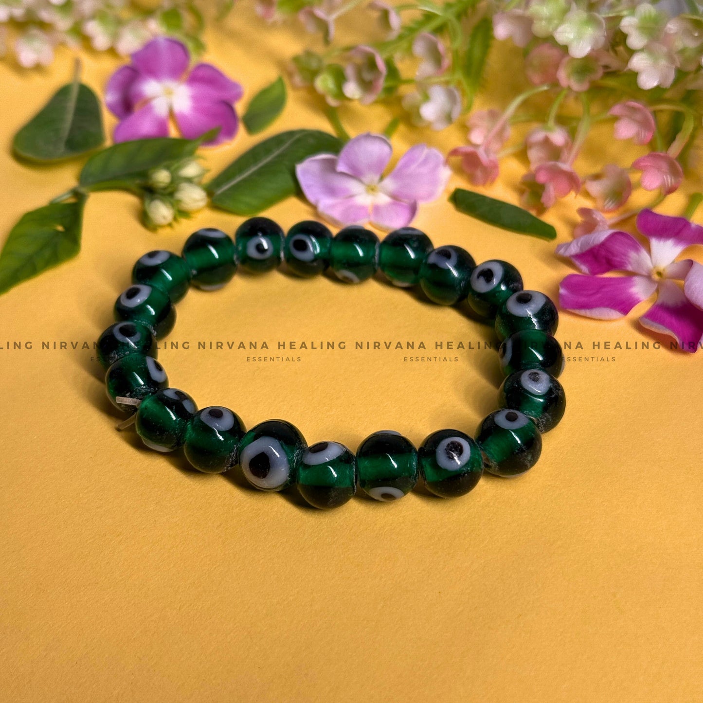 GREEN EVIL EYE ROUND BEADED BRACELET (Healing, Growth And Protection) image 0