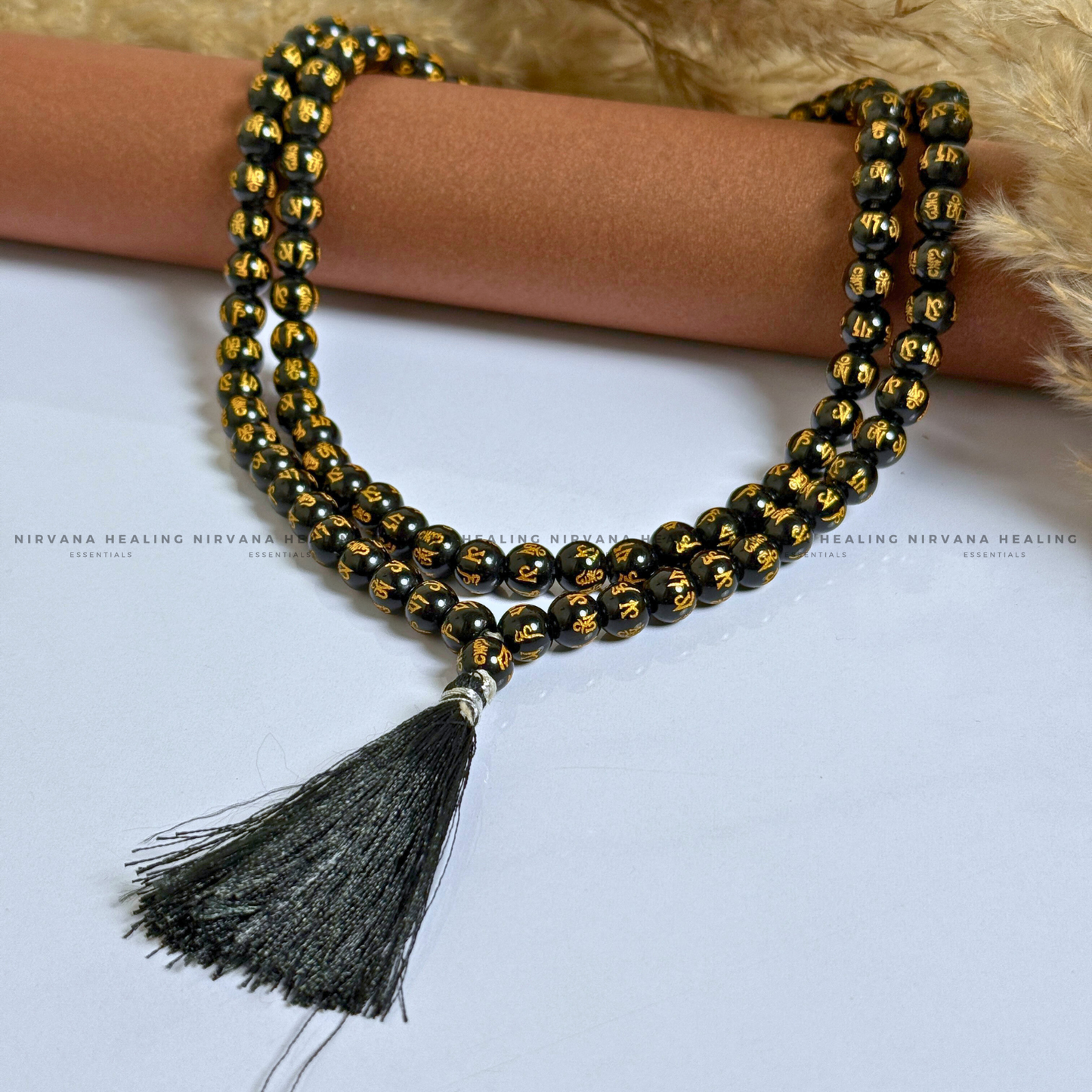 BLACK OM MANI PADME HUM MALA  (Compassion, Protection, Spiritual Awakening) image 1