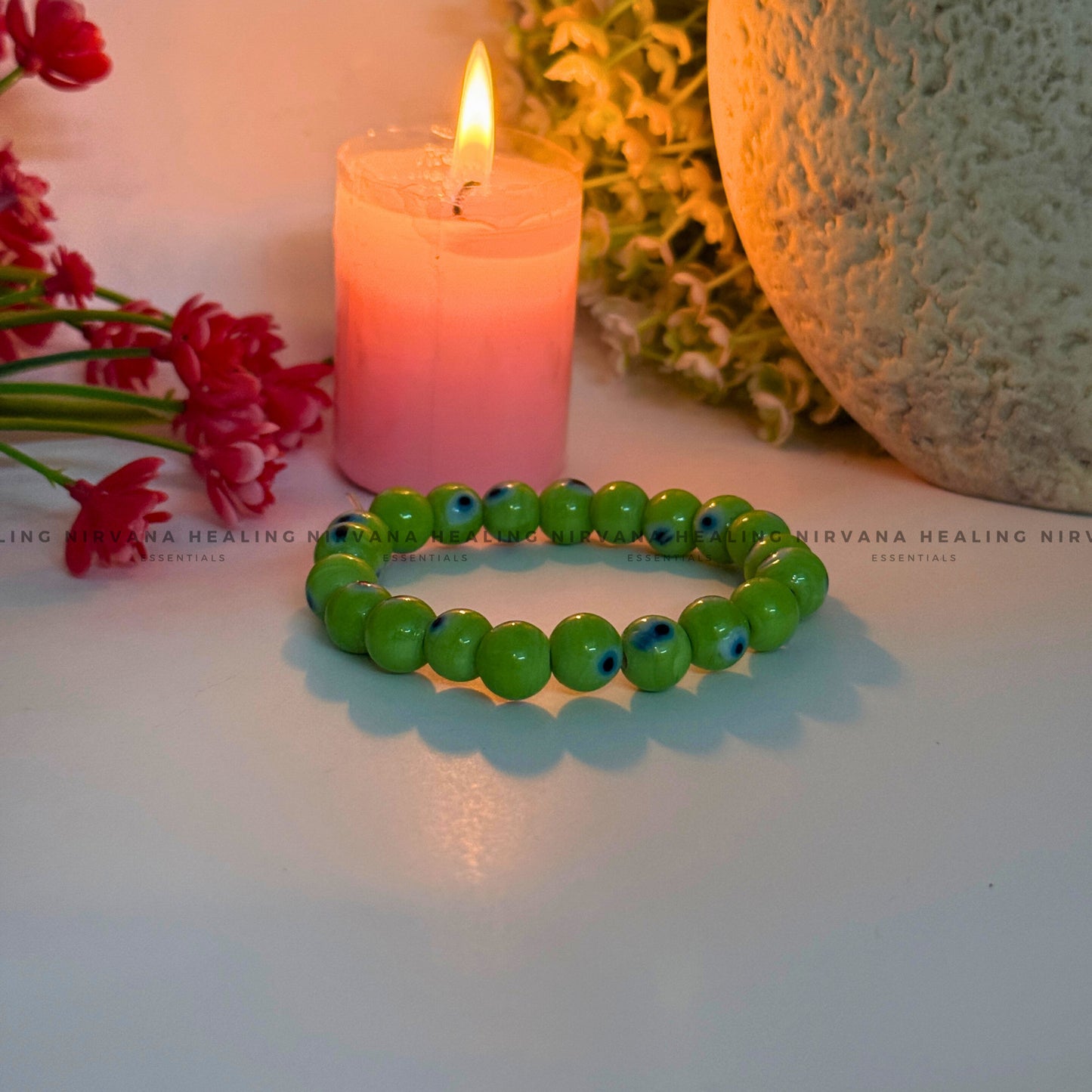 GREEN EVIL EYE ROUND BEADED BRACELET (Healing, Growth And Protection) image 3