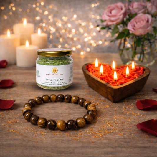 PROSPEROUS ME BATH SALT, TIGER EYE ROUND BEADED BRACELET AND HEARTFELT GLOW CANDLE GIFT COMBO image 1