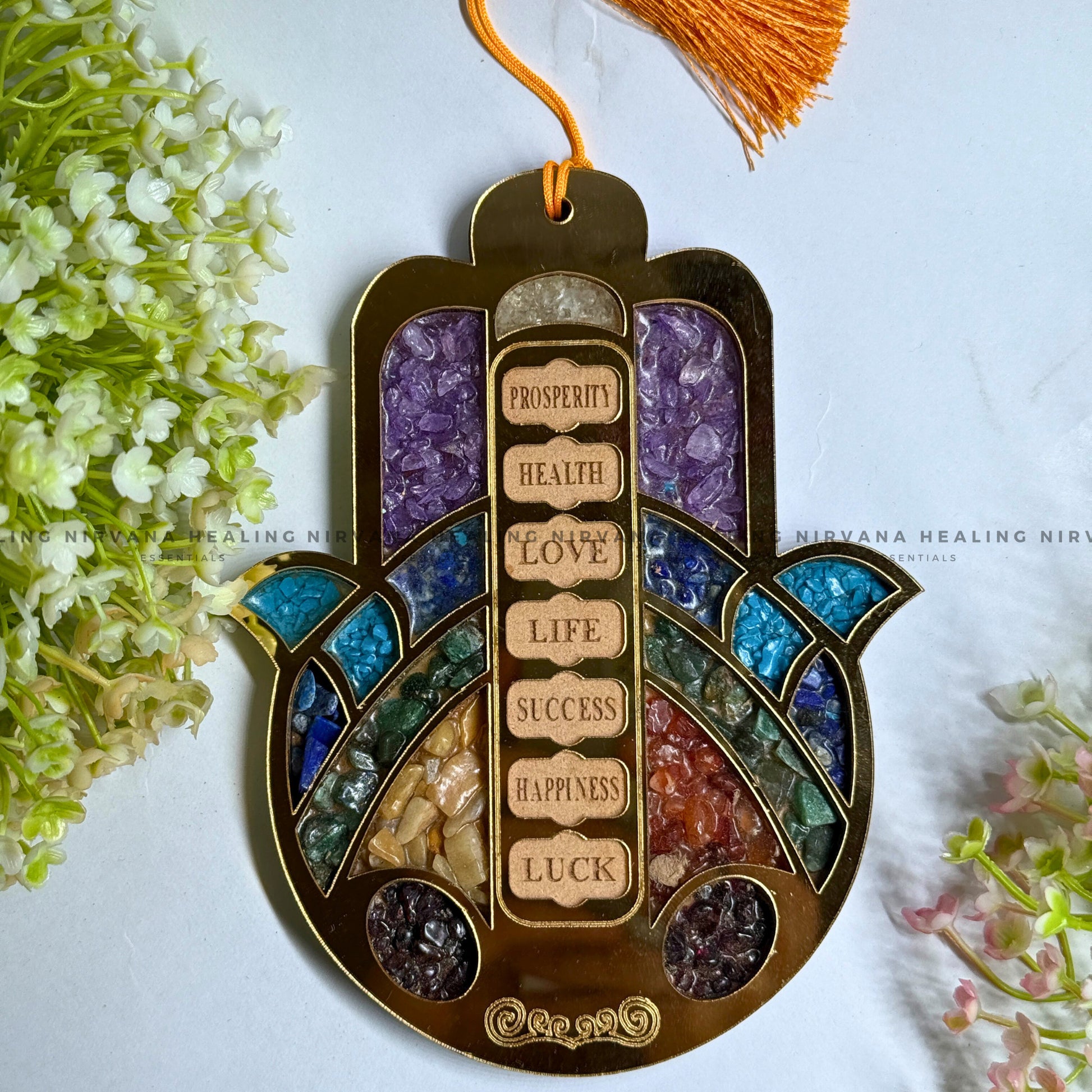 HAMSA HAND SEVEN CHAKRA HANGING WITH CRYSTAL CHIPS (Evil Eye Protection And Balance Energy) image 0