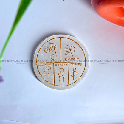 SELENITE  ZIBU SYMBOLS ROUND CHARGING PLATE (Aura Cleansing ,Charging, Cleansing And Purification). image 0