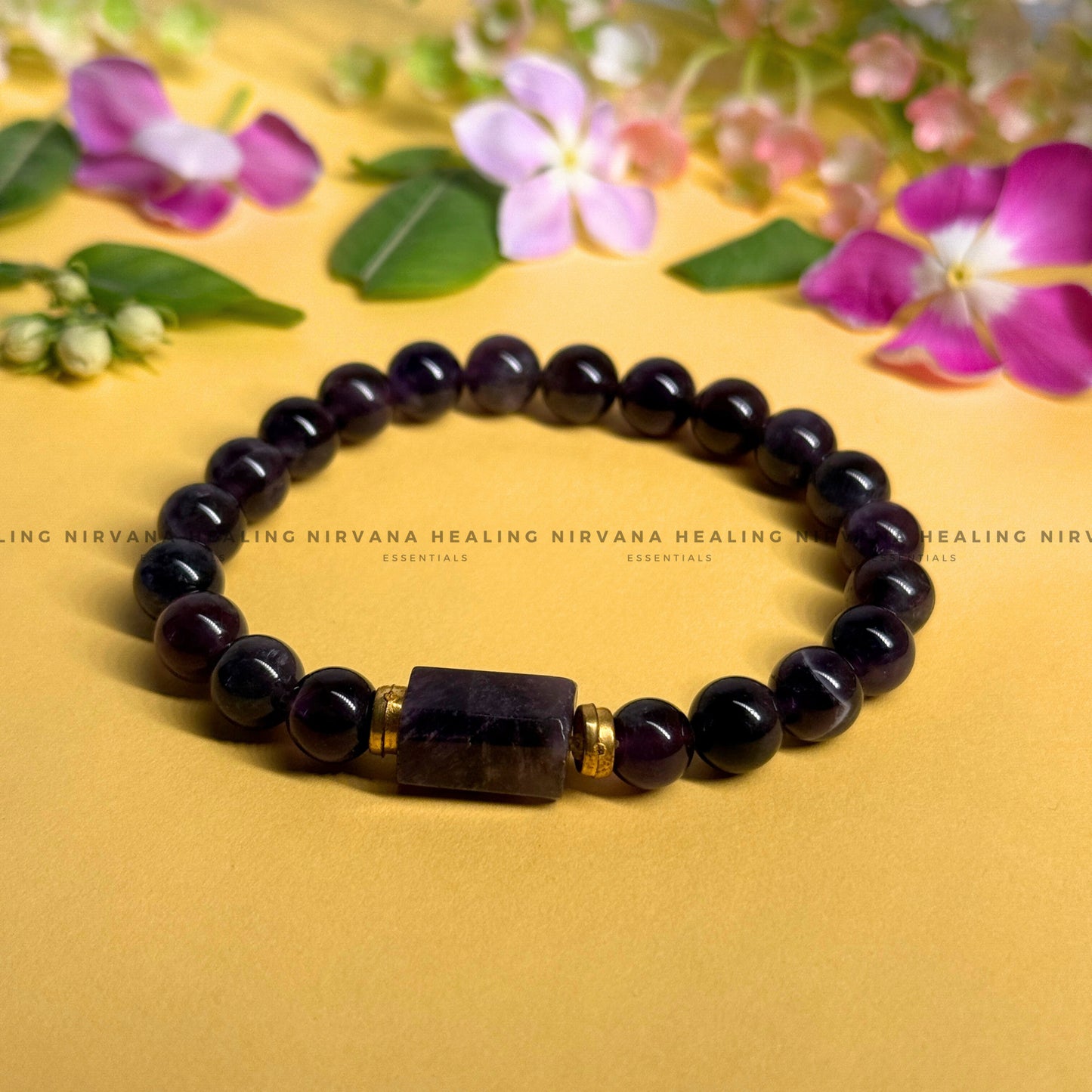 AMETHYST WITH DESIGN ROUND BEADED BRACELET (Meditation, Stress Reduction, Intuition and Manifestation) image 0