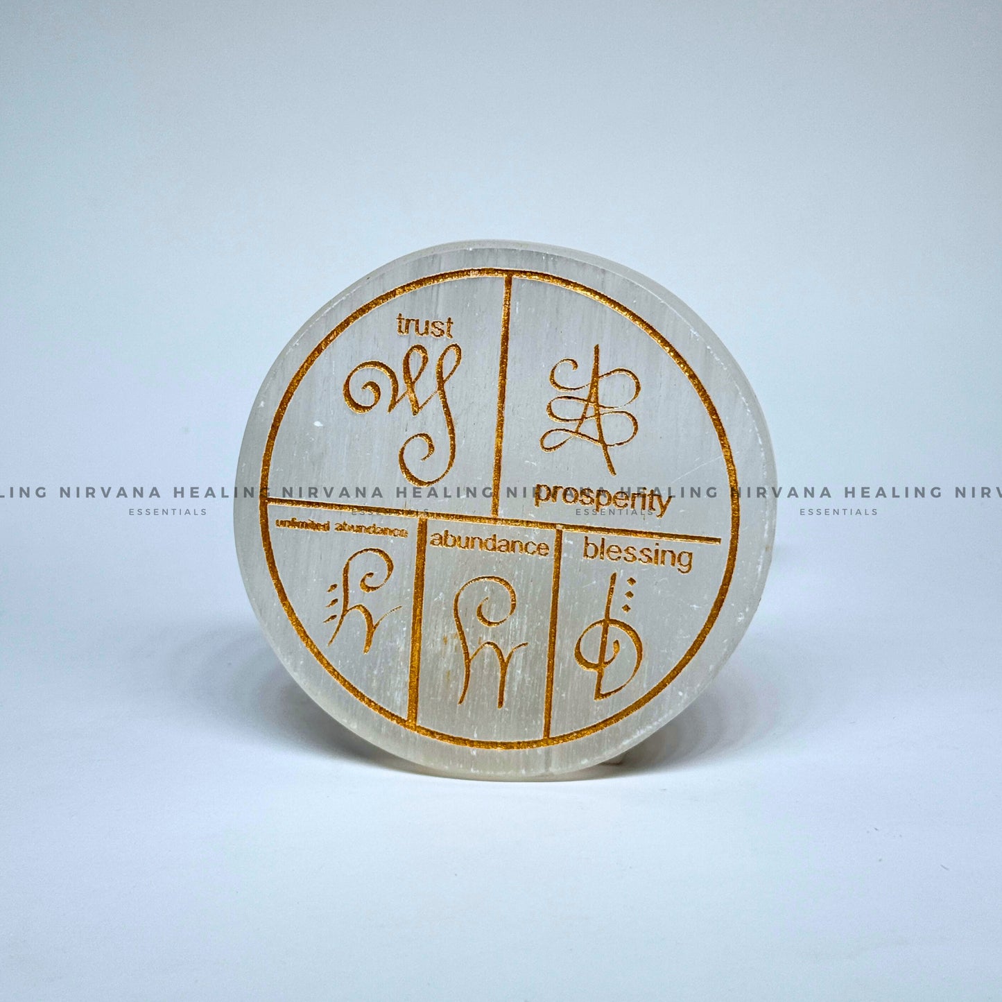 SELENITE  ZIBU SYMBOLS ROUND CHARGING PLATE (Aura Cleansing ,Charging, Cleansing And Purification). image 1