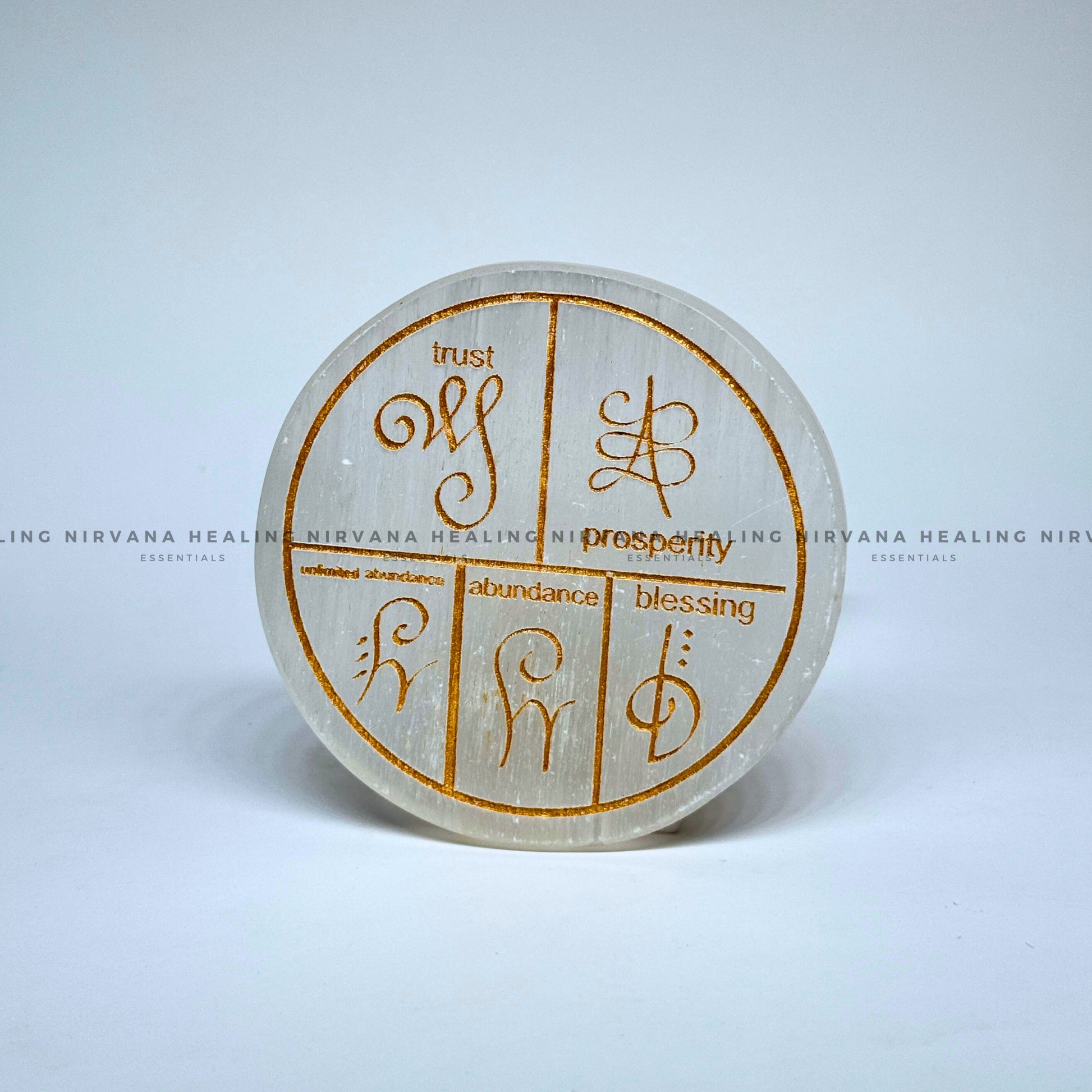 SELENITE  ZIBU SYMBOLS ROUND CHARGING PLATE (Aura Cleansing ,Charging, Cleansing And Purification). image 1