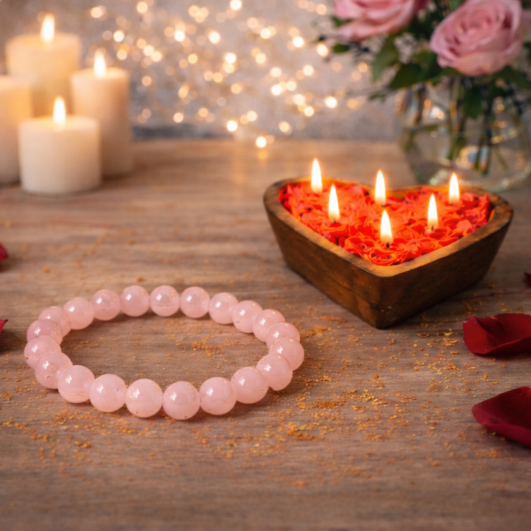 ROSE QUARTZ ROUND BEADED BRACELET AND HEARTFELT GLOW CANDLE GIFT COMBO - Image 2