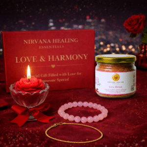 LOVE RITUAL BATH SALT, ROSE QUARTZ ROUND BEADED BRACELET, PYRITE ANKLET AND FLORAL JAR CANDLE GIFT COMBO